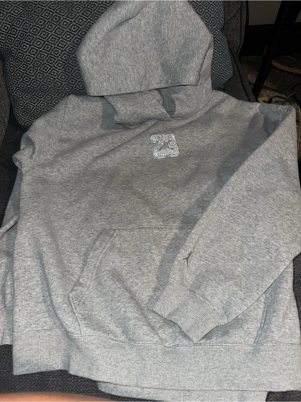 Jordan Gray Pullover Hoodie with '23 Embroidered Patch